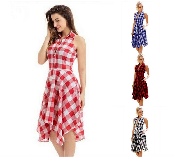

summer holiday women cover-ups beachwear striped button tartan plaid dresses sleeveless irregular dress, Blue;gray