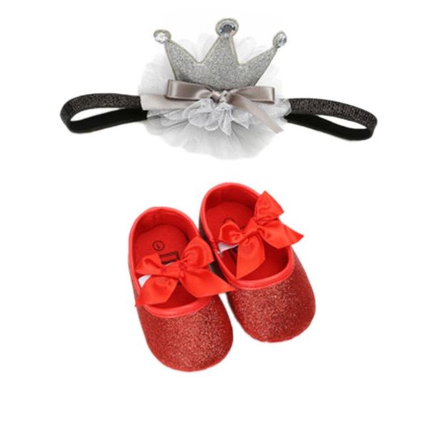 

first walkers baby girls summer pu walking shoes soft sole non-slip sequin cute elastic band with crown hair set 0-12 months
