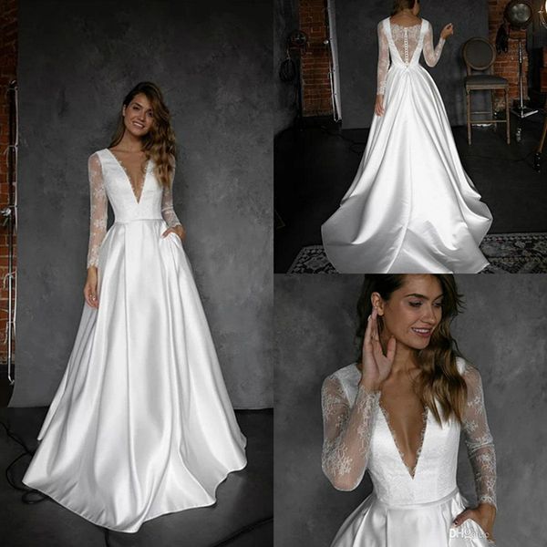

2020 olivia bottega boho wedding dresses v neck a line satin sweep train long sleeve wedding gowns custom made beach bridal dress 4526, White