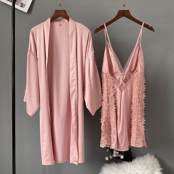 

lisacmvpnel ice silk women robe set with chest pad v neck beauty back nightwear, Black;red