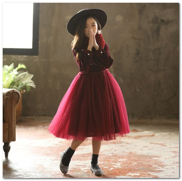 

big girls princess dress autumn kids beaded velvet long sleeve tulle dress+faux fur collar 2pcs sets christmas party dress c6002, Red;yellow