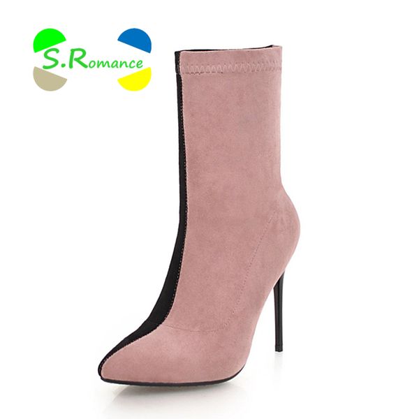 

s.romance women boots woman shoes mid calf supper high thin heels two colors mixed pointed toe size 34-43 2018 new fashion sb227, Black