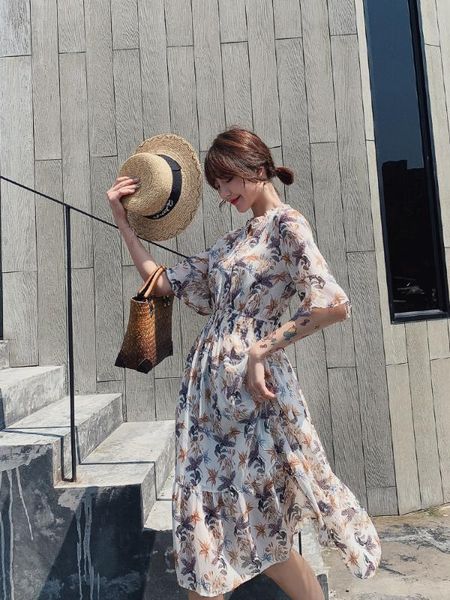 

casual dresses women chiffon apricot long floral dress summer 2021 runway elegant korean party boho vintage tropical beach vacation, Black;gray