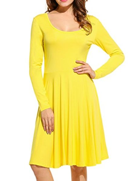

sherosa women's long sleeve scoop neck casual a-line flared midi dress, Black;gray