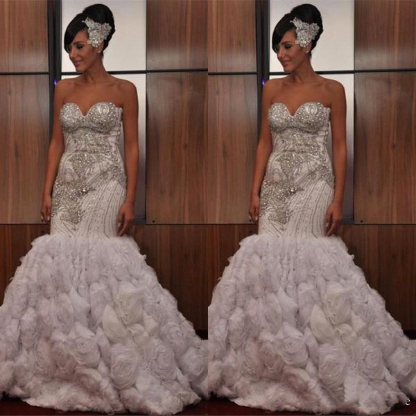 

2019 stunning strapless sleeveless white crystal beading rose flower wedding dress mermaid ruffles vintage african bridal gowns