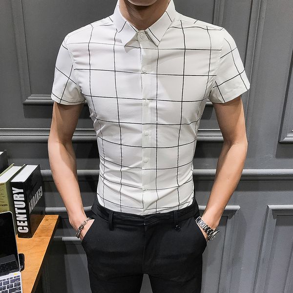 

brand new plaid men shirt summer 2019 short sleeve shirt men turn down collar casual slim fit shirts dress 3xl, White;black