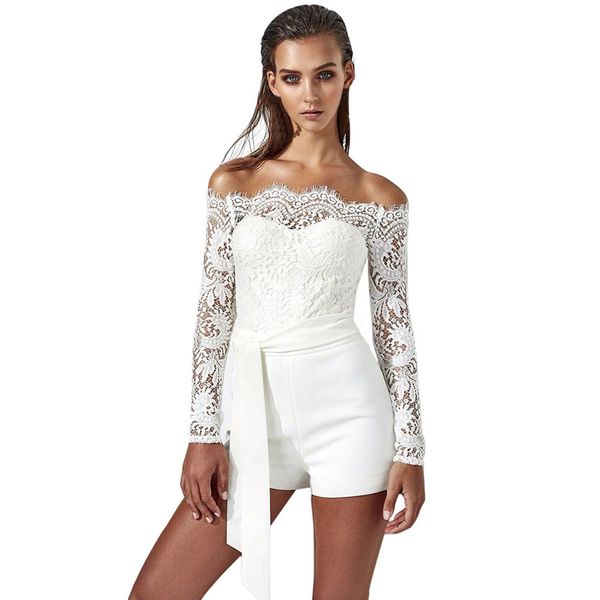 

2019 women summer autumn off shoulder playsuits fashion long sleeve sheer lace patchwork hollow bandage skinny playsuits a4, Black;white