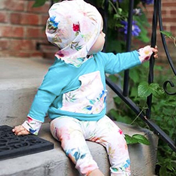 

newborn boy and girl clothes blue solid long-sleeved with hooded collar + white leaf and flower print pants trousers