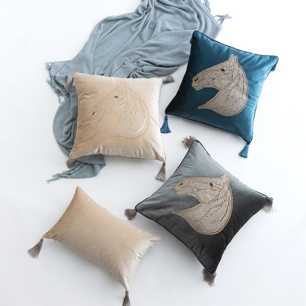 

30x50/45x45/50x50/60x60cm fix stone horse cushion cover sofa velvet pillowcase with tassel custom lumbar pillow cover