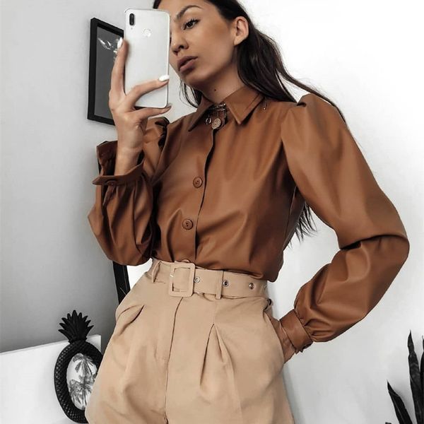 

5 color pu leather lantern sleeve blouse women spring casual ol style office lady shirts botton up elegant tees, White