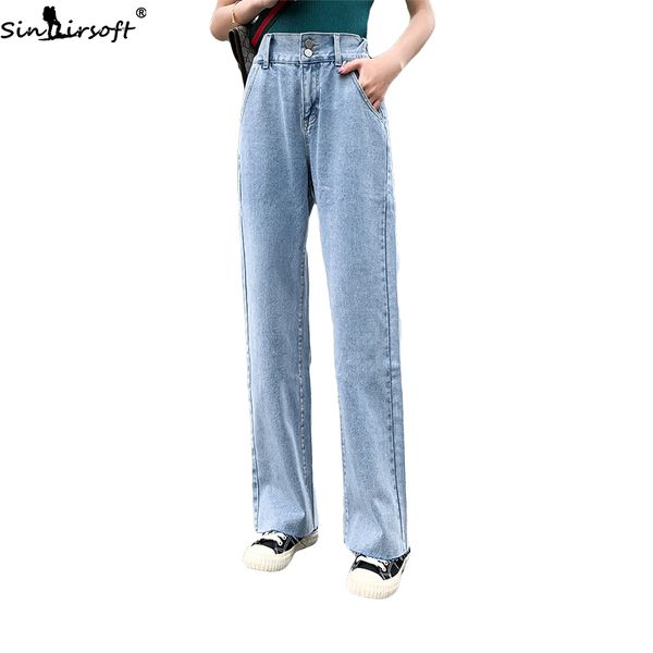 

summer high waist jeans elastic waist wide leg straight jeans woman fashion casual wild plus size women, Blue