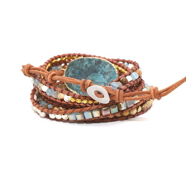 

women bracelets unique natural stones ocean stone charm 5 layers leather wrap bracelets boho bracelet dropship, Black