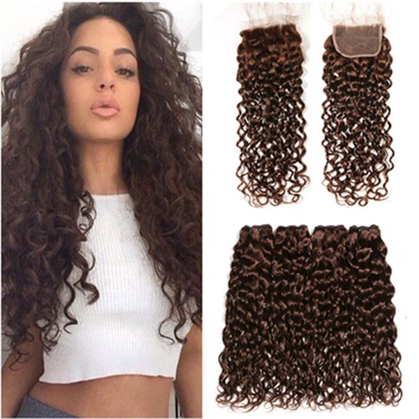 4 Dark Brown Water Wave Human Hair Weave Bundles With Closure