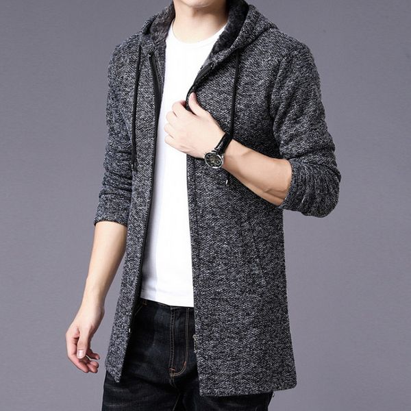 

oeak fashion men long sweater cardigan 2019 winter autumn thick warm long cardigan men hooded zipper sweater coat outwear, White;black