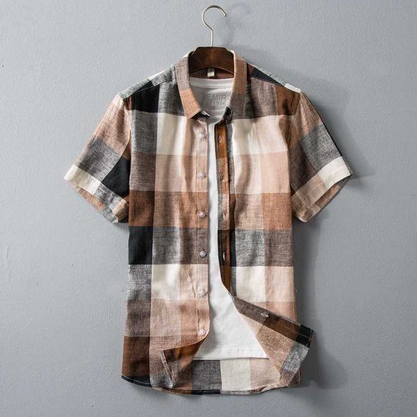 

men's casual shirts 2021 summer plaid short sleeve shirt fashion slim fit linen flax male brand clothes, White;black