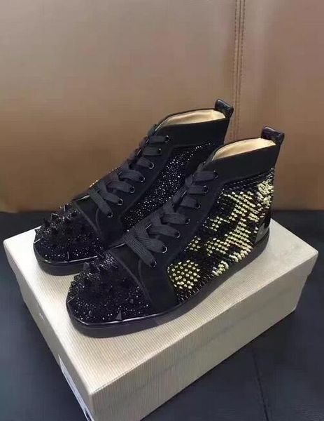 

luxurious designer gold,sliver spikes sneakers men,women leisure flats black diamond red bottom strass sneaker shoes party dress winter35-47