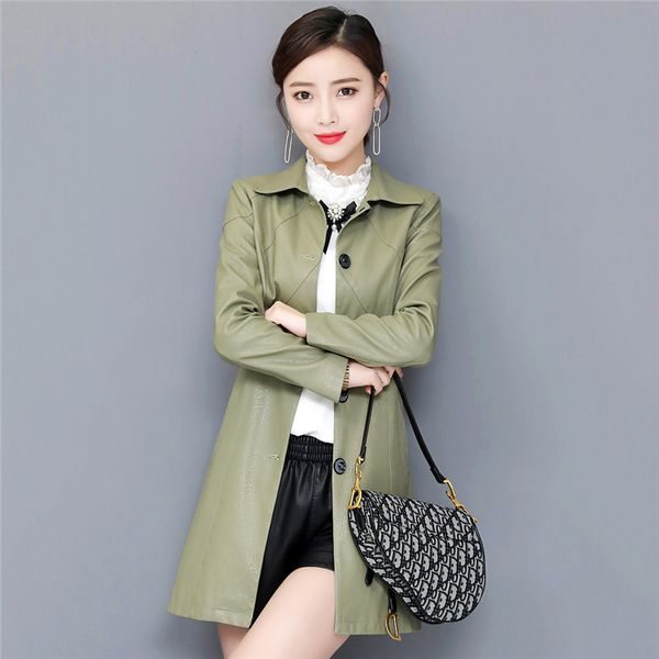 

large size genuine leather coat women medium long jacket 2019 spring square collar slim slimming jacket female outerweart150, Black