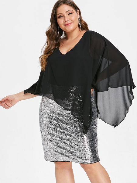 

wipalo plus size chiffon overlay sequined overlay capelet dress v-neck women bodycon party dresses vestidos robe femme y190425, Black;pink