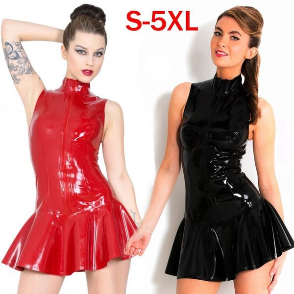 Plus Größe S-5XL Sexy Frauen Bodycon Schwarz Mini Kleid PVC Ärmellos Schlank Catsuit Reißverschluss Vorne Stripper Kostüm Party Tanzen Clubwear