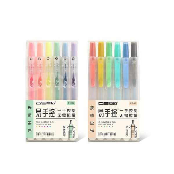 

6pcs click type soft touch color pastel highlight marker liner pen set stationery office school supplies material escolar f464, Black;red