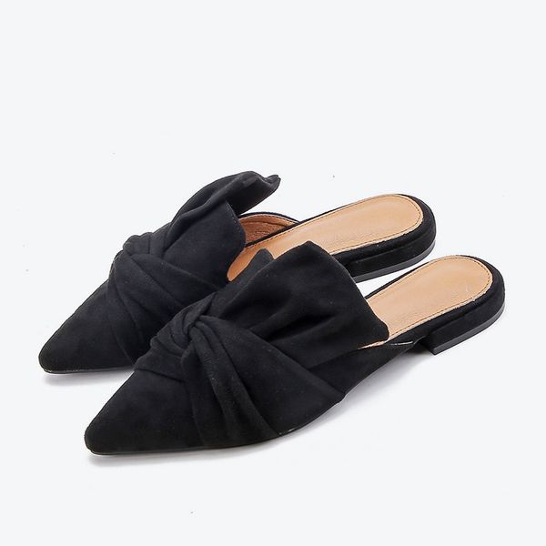 

autumn women slippers flock bowtie female mules fashion low heels shoe pointed toe plus size elegant woman slipper cs3, Black