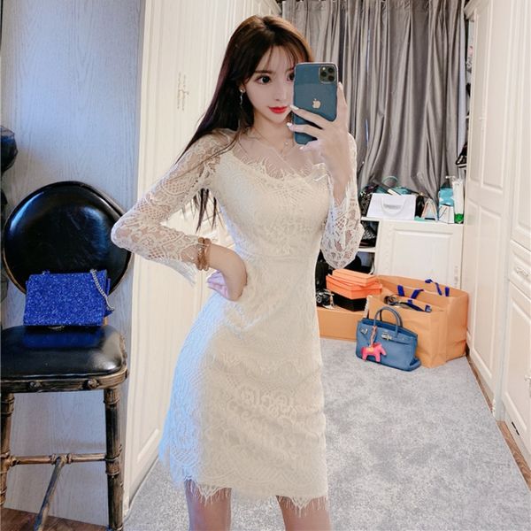 

korean style autumn fashion mesh stitching lace slim waist slimming all-match hip split dress women, White;black