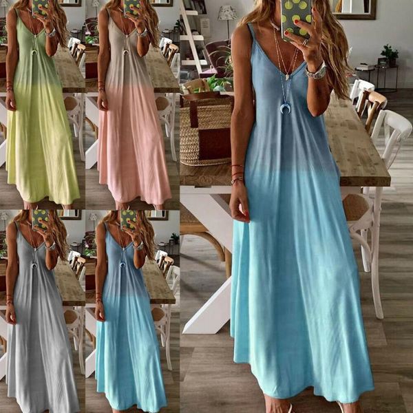 

new style women summer strappy holiday long boho dress beach v neck maxi dress travel ty53, Black;gray