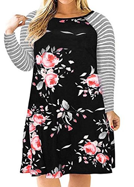 

yskkt plus size womens long sleeve dresses floral fall tshirt striped raglan casual midi dress with pockets, Black;gray