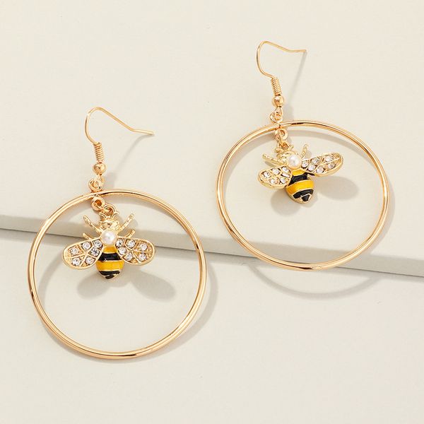 

new bee big circle earrings bohemian fashion flash drilling bee pearl retro french woman earrings party holiday gift jewelry, Golden;silver