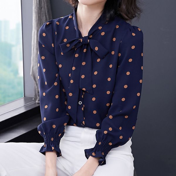 

spring 2019 new tie with temperament speaker sleeve air waves point chiffon blouses, White
