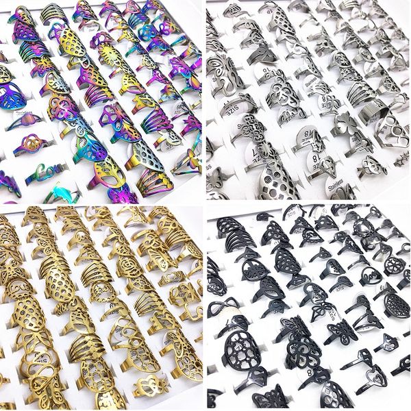 wholesale Anelli in acciaio inossidabile da 50 pezzi Mix Styles argento oro nero multicolor Anello da dito in acciaio tagliato al laser per uomo donna drop shipping crown