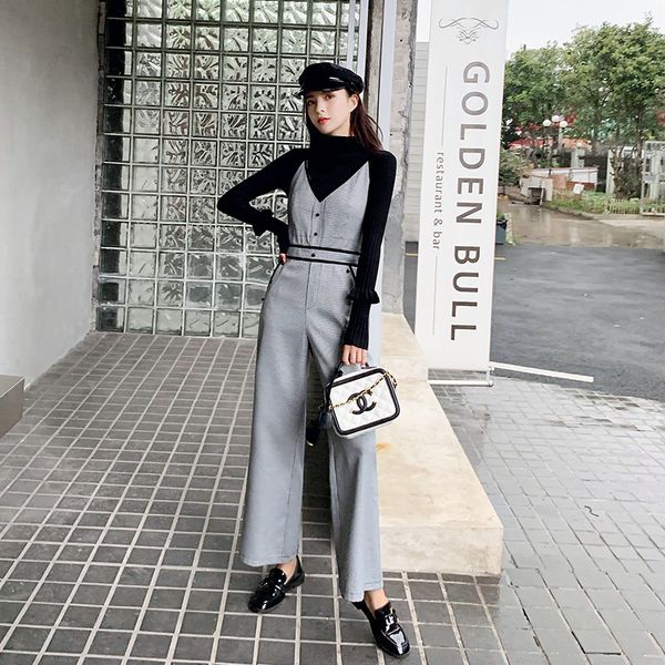 

2020 spring new women office lady plaid button jumpsuits fashion v neck high waist straight female jumpsuit woman clothes d352, Black;white