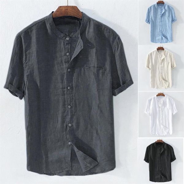 

men's casual shirts helisopus harujuku mens loose summer cotton linen shirt short sleeve solid color stand collar fashion top, White;black