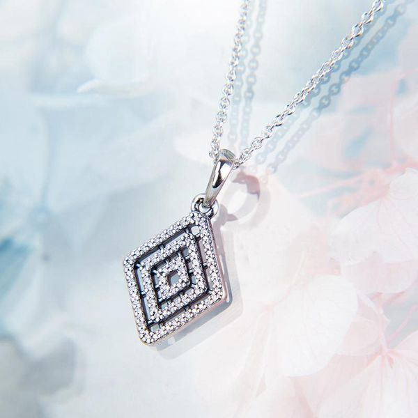 

fashion square line necklace for pandora 925 sterling silver with cz diamond temperament ladies necklace with original box