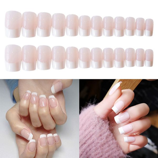 

24 pieces/set natural nude white french fake nails press on flat ballerina nails art tips daily office finger wear manicure, Red;gold