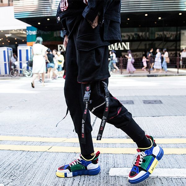 

april 2019 men ribbons pockets harem pants men spring autumn casual sweatpants hip hop joggers streetwear hombre trousers, Black