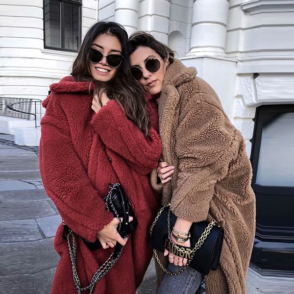 

women winter high jacket street oversized teddy jackets and coats ladies lamb wool faux fur coat, Black