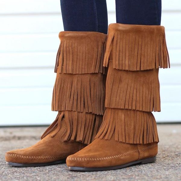 

women boots zippers tassel design boots zapatos de mujer women mid-calf platform stretch fringe long, Black