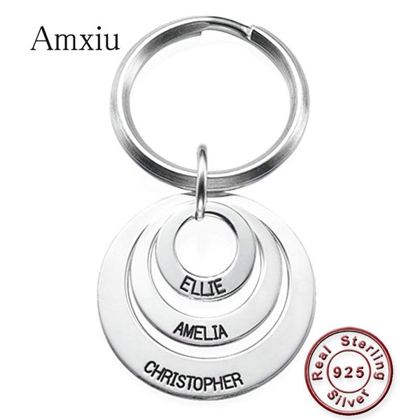 

amxiu personalized circle pendant keychain engrave 1-3 names key chains 925 silver jewelry for men women keys bags accessories