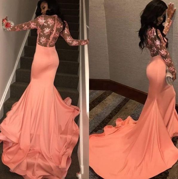 

black girls long sleeves satin mermaid prom dresses 2020 coral lace sweep train formal party evening gowns robes de soirÃ©e