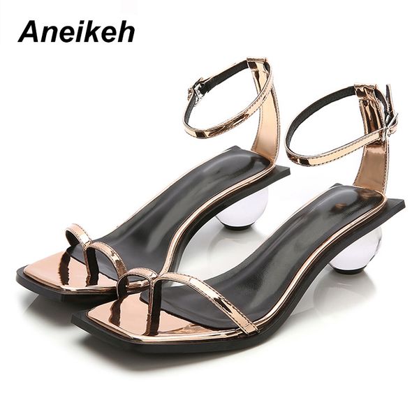 

aneikeh 2020 summer ladies shoes woman fashion women pvc round heel gladiator sandals for woman transparent high heels sandals, Black