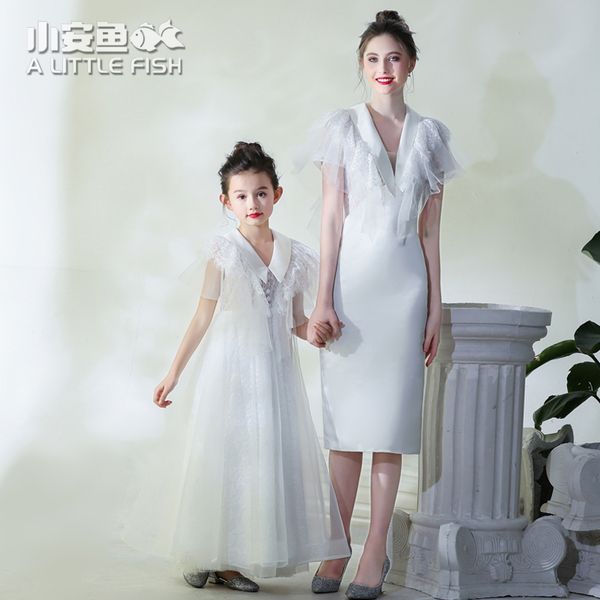 

mother daughter evening dinner dress summer mommy and me family matching mother daughter wedding dresses clothes white gown, Blue