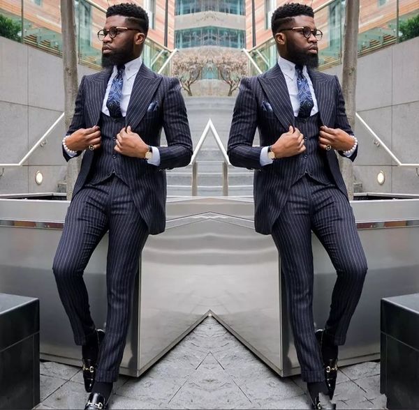

navy blue stripe 3 piece suit men wedding tuxedos peak lapel groom tuxedos fashion men business dinner prom blazer(jacket+pants+tie+vest)881, Black;gray
