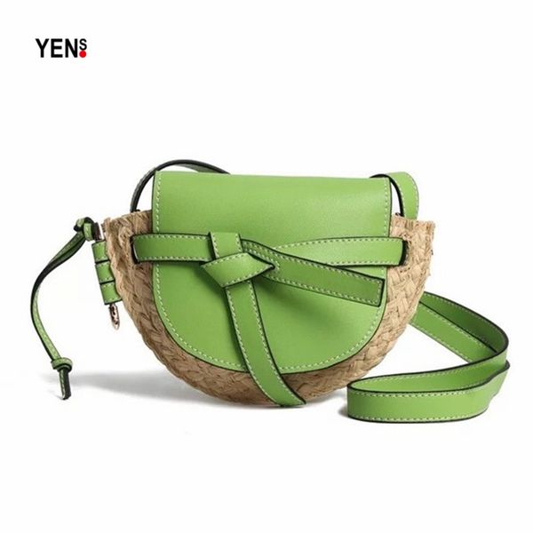 

women leather straw bag natural vintage summer saddle bags brand designer round woven crosssbody bag knitting beach bags women handbags