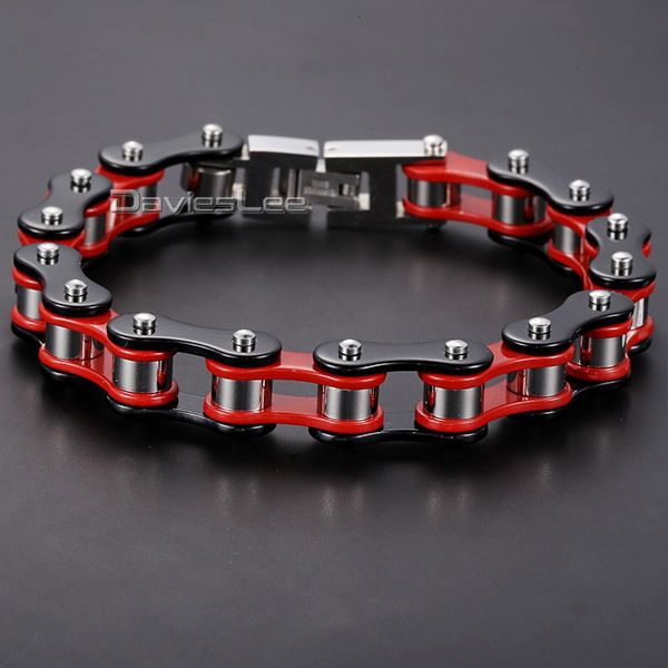 

davieslee 12mm mens bracelet biker motorcycle link chain 316l stainless steel bracelet red yellow black silver color dlhbm58, Golden;silver