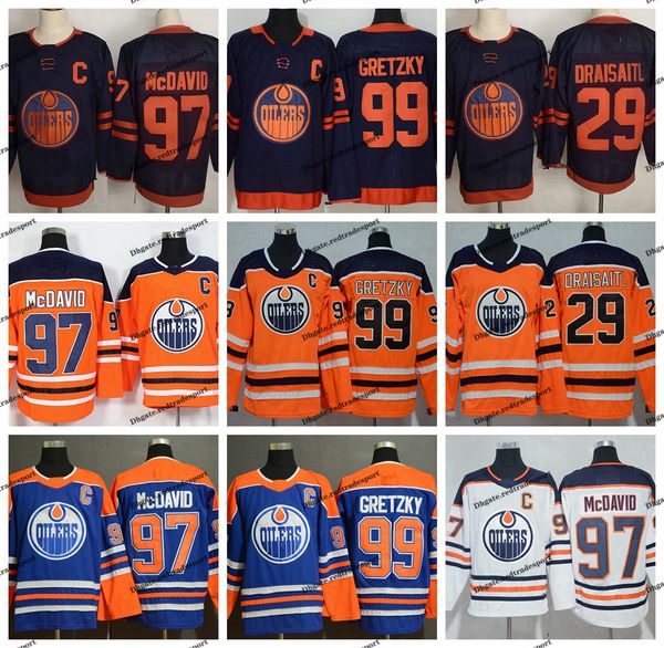 

2019 new third edmonton oilers 97 connor mcdavid 99 wayne gretzky 29 leon draisaitl home orange blue hockey jerseys, Black;red
