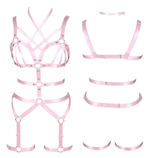 

pink harness bra full body lingerie set strappy cage chest belt adjustable triangle frame garter belts punk goth party rave, Black;white