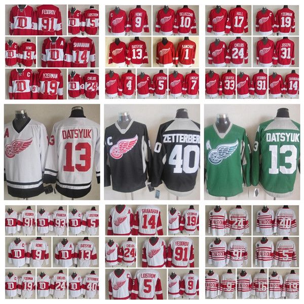 

ретро детройт ред уингз джерси 1 савчук 93 йохан францен 31 кертис джозеф 7 тед линдсей mens винтажная ccm прошитой hockey трикотажных издел, Black;red