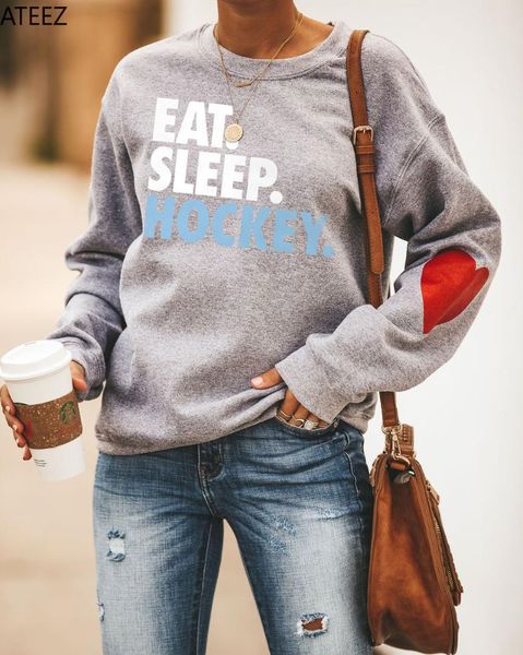 

new year eat sleep hockey women sweatshirt hoodies casual harajuku sleeve love print o-neck clothes streetwear graphic hoddie, Black