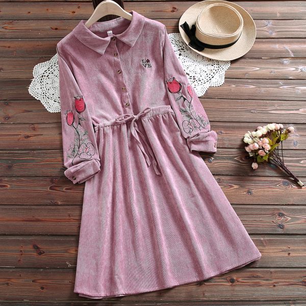 

s-- 2xl peter pan collar long sleeve rose embroidery corduroy dress mori girl sweet 59455-lh, Black;gray